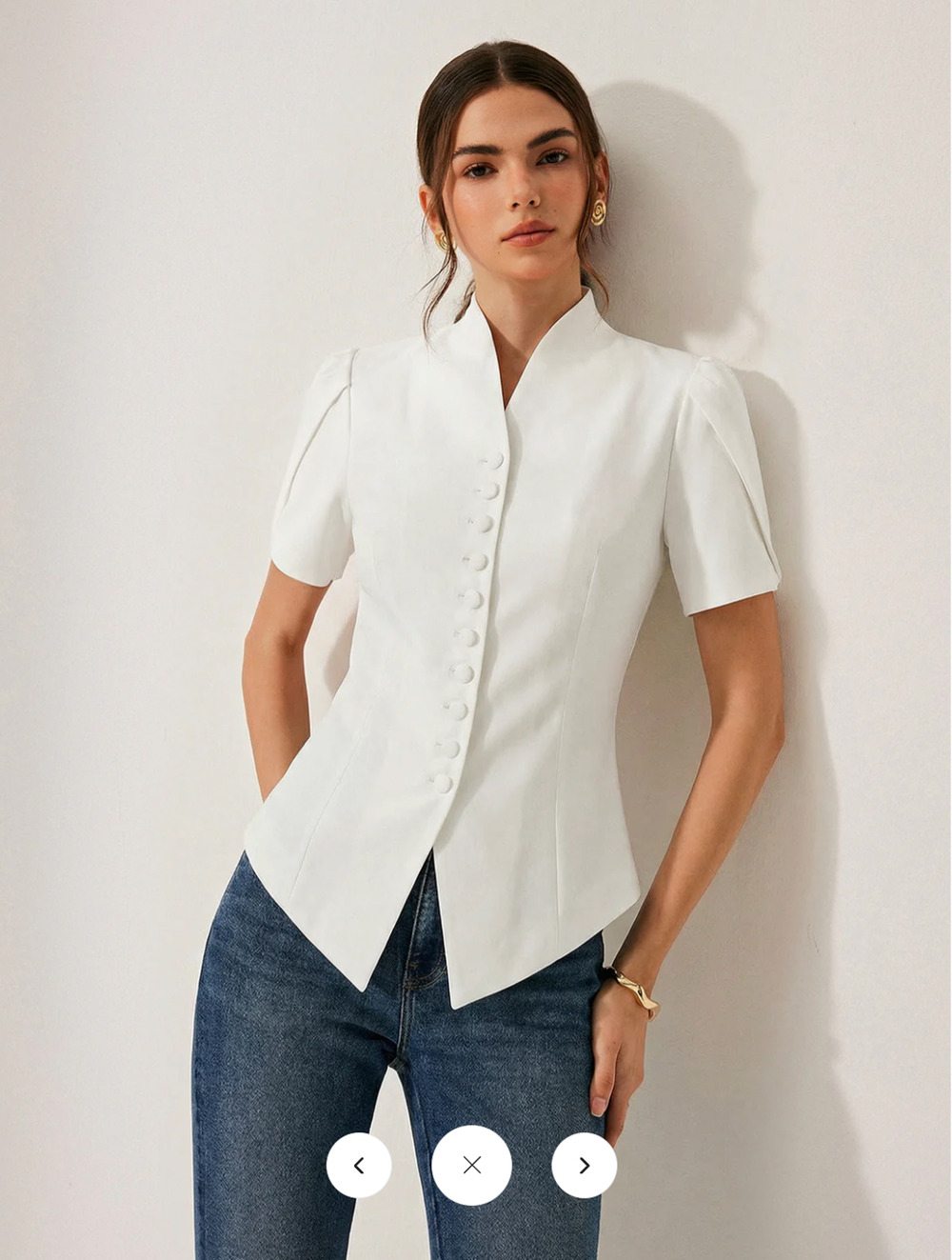 NWT Commense Short Sleeve Stand Collar Buttoned Slim Blouse Sz M